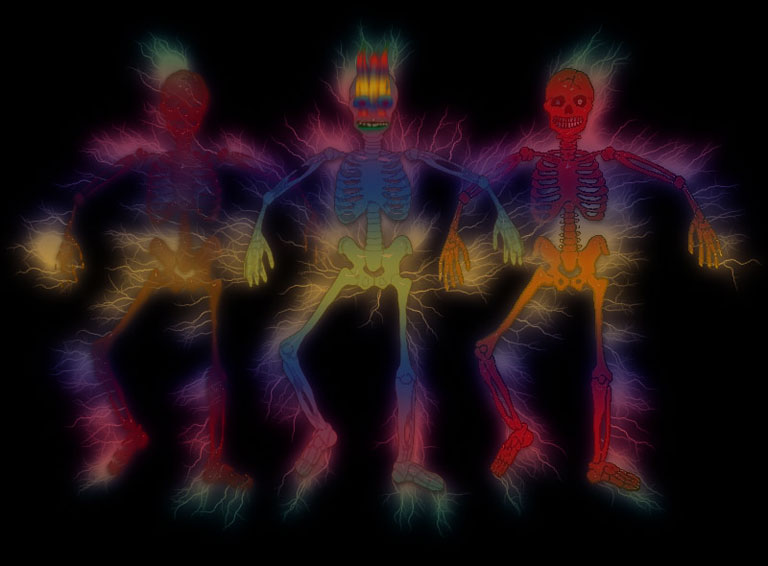 3 skeletons in bright colors