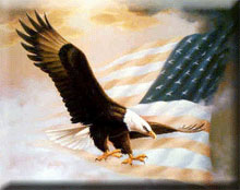 American Eagle in flight in front of the American flag