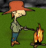 a man cooking hotdog on campfire