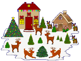 Christmas house with trees and deer
