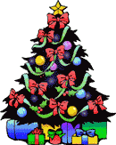 Animated Christmas tree with bows, ribbons and red & blue lights.