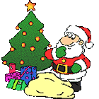 Santa Claus putting presents under the Christmas tree animated