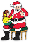 Little girl sitting on Santa's lap pulling his beard