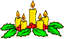 Five candles on a bed of holly with red and yellow animated flames.