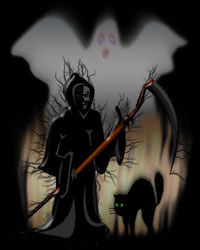grim reaper, black cat and ghost background