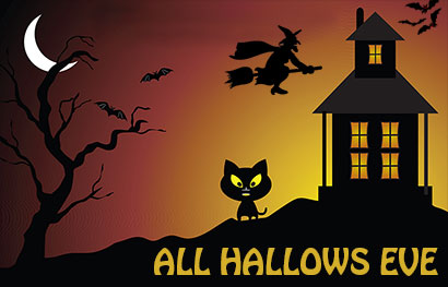 all hallows eve with black cat and haunted house