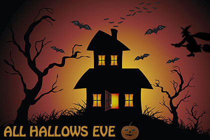 all hallows eve with bats and jack-o'-lantern