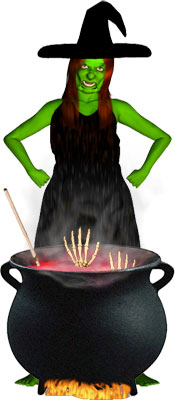 witch cooking candy in her cauldron