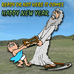 father time & baby new year fighting over hourglass