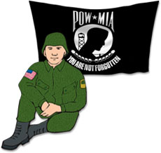 soldier sitting with pow-mia flag